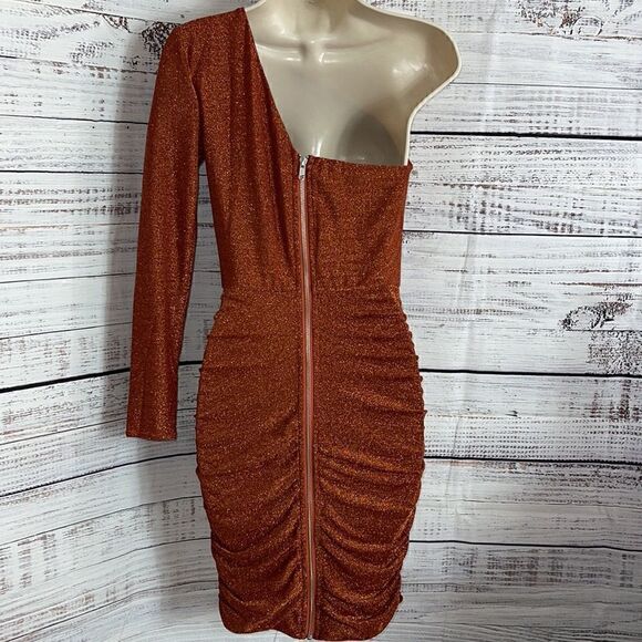 Abyss by abby Dress Womens Small one sleeve ruched back zipper Metallic Bodycon - Picture 10 of 14